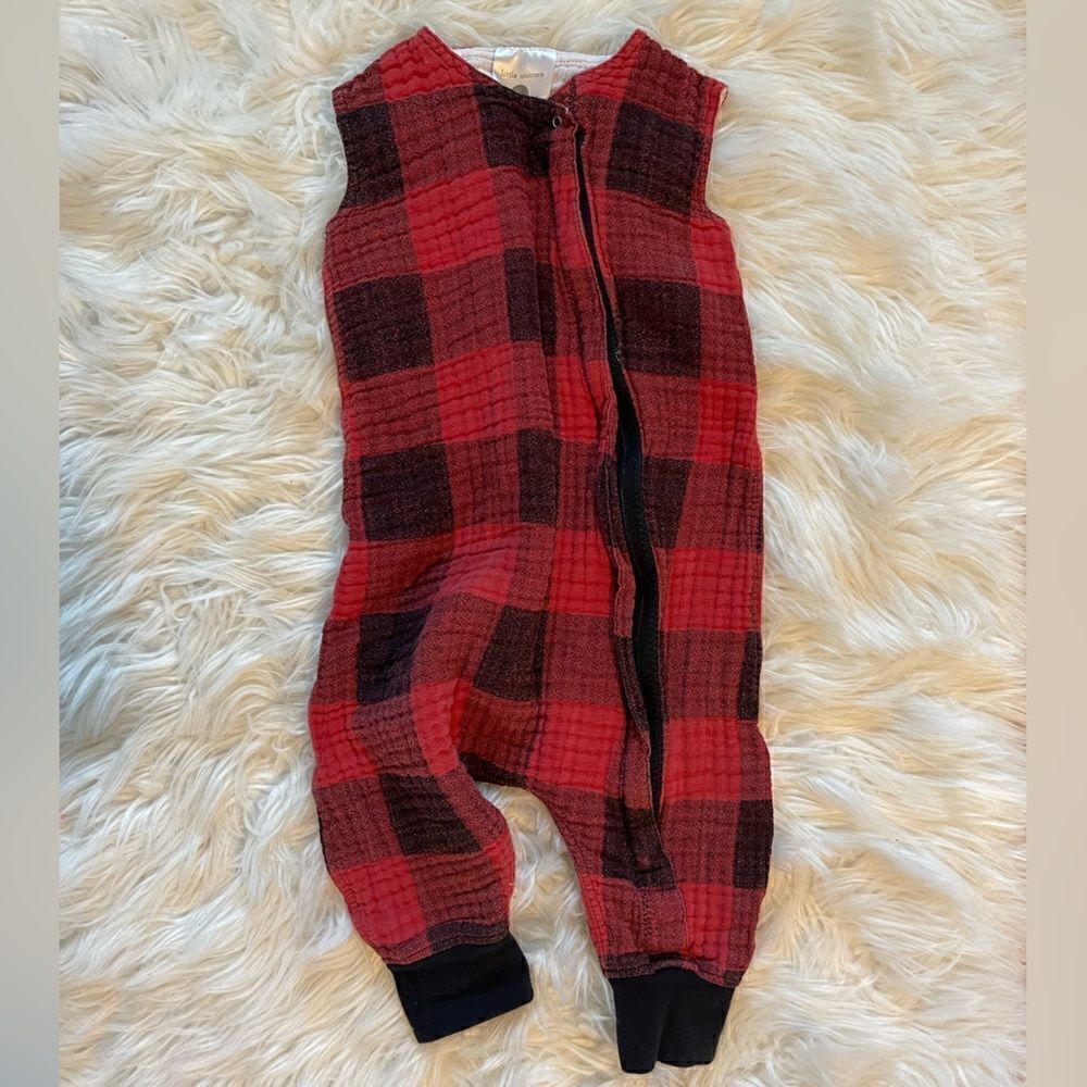 Little Unicorn Red/Black Plaid Sleeveless Zipper Onesie Jumpsuit | SZ 12-18M
